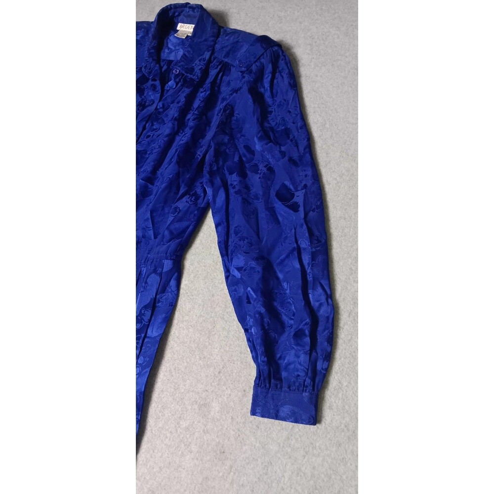 VTG Argenti 100% Silk Dress Blue Jacquard Pleated Long Sleeve Midi Dress 8 Retro - Picture 5 of 12